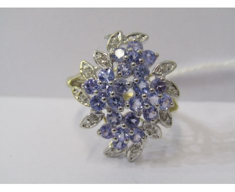 9ct YELLOW GOLD TANZANITE &amp; DIAMOND CLUSTER RING, size P/Q 