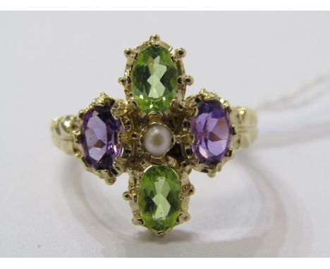 9CT YELLOW GOLD SUFFRAGETTE STYLE RING, amethyst, peridot &amp; seed pearl giving the purple, green &amp; white of the Ladies