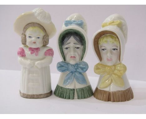 ROYAL WORCESTER CANDLE SNUFFERS, collection of 3 snuffers of "Young Girl", "Feathered Hat" and "Old Woman" 