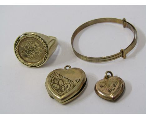 9ct GOLD ITEMS, 9ct gold George &amp; The Dragon ring, 9ct gold babies expanding bracelet, combined weight of 6.3grms also 2 