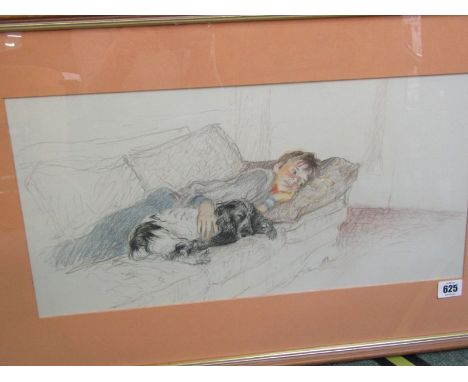 PORTRAIT, pastels, "Boy resting with a sleeping Spaniel on a settee", 10" x 20" 