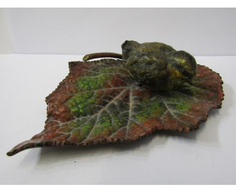 VIENNESE COLD PAINTED BRONZE, of Chick on Begonia leaf, 5" width 