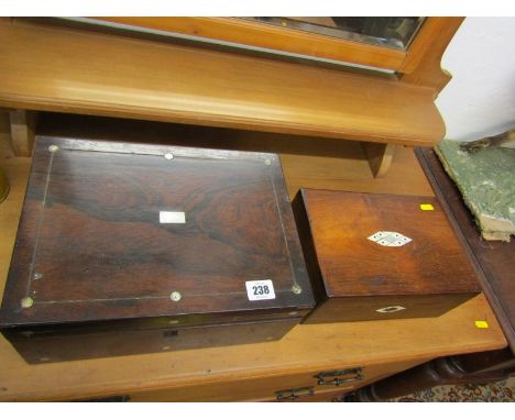 VICTORIAN BOXES, rosewood needlework box carcase; together with similar bone and mother-of-pearl inlaid vanity box carcase (b