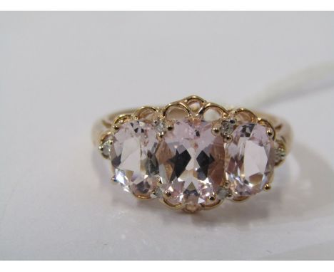 9ct ROSE GOLD 3 STONE MORGANITE RING, size O 