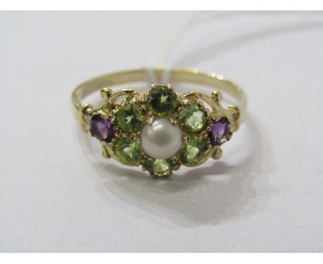 9CT YELLOW GOLD LADIES SUFFREAGETTE STYLE CLUSTER RING, peridot, amethyst &amp; cultured pearl to give the green, purple &amp