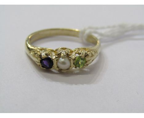 9CT YELLOW GOLD SUFFRAGETTE RING, amethyst, peridot &amp; seed pearl 3 stone ring, giving the green, purple &amp; white of th