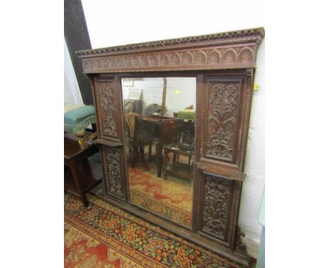ANTIQUE CARVED OAK BEVELLED EDGE OVER MANTEL, ornate foliate and ribbon carved inset side panels, 54.5" height 50" width 