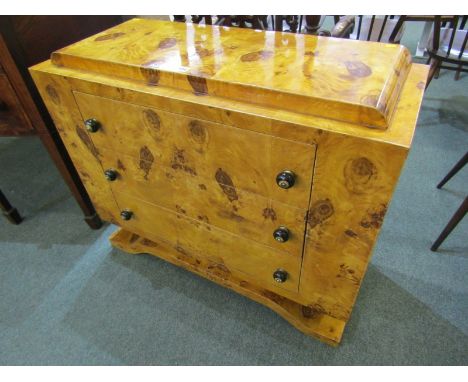 ART DECO DESIGN, burr maple triple drawer chest with spherical black ceramic handles, 32" height 37" width 