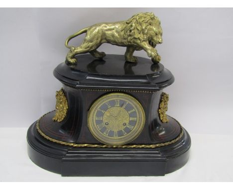 VICTORIAN MANTEL CLOCK, black marble lion crested mantel clock with French striking movement signed Gautier Paris, with appli