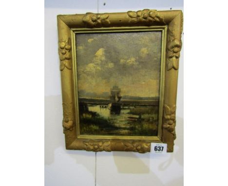 19th CENTURY OIL ON PANEL, indistinctly signed A. Chapuis (?) "Sailing Ship in Estuary", 8" x 6" 