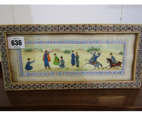 PERSIAN ART, painted opaque panel "The Polo Match" in inlaid bone frame, 2" x 8" 