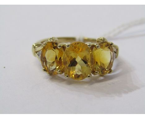 9ct YELLOW GOLD 3 STONE CITRINE RING, 3 slightly graduated citrines of good colour, with accent diamond to each shoulder in 9