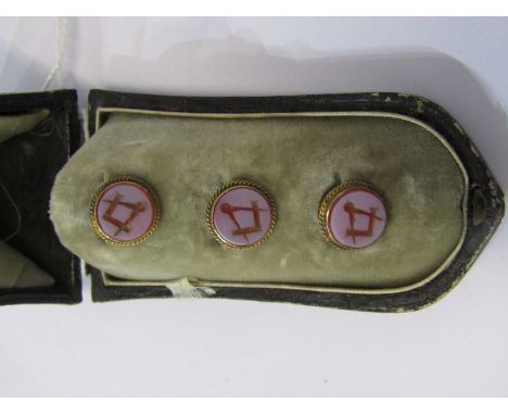SET OF THREE MASONIC BUTTONS, in fitted case, Sardonyx stone with engraved compass &amp; square set in yellow metal 