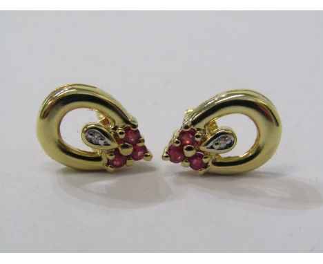 PAIR OF 18CT GOLD, RUBY &amp; DIAMOND EARRINGS, with stud backs 