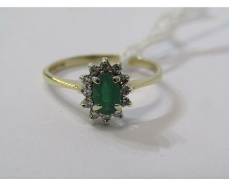 9ct YELLOW GOLD EMERALD &amp; DIAMOND CLUSTER RING, principal oval cut emerald surrounded by brilliant cut diamonds in 9ct ye