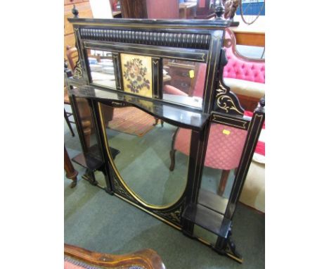 EDWARDIAN GILT EBONISED OVERMANTEL, floral painted inset panel with bracket shelf details, 47" height 40" width 