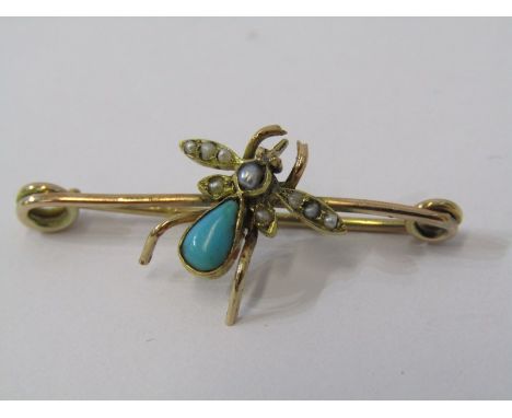 VINTAGE GOLD TURQUOISE &amp; SEED PEARL BUG BROOCH 