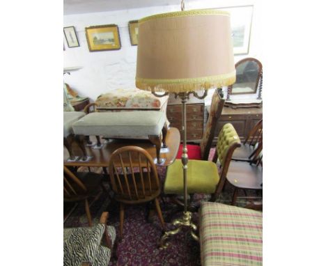 LIGHTING, brass standard lamp with triple branch light fitting and tripod scroll base 
