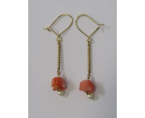 PAIR OF 9CT YELLOW GOLD CORAL &amp; SEED PEARL ROSE EARRINGS 