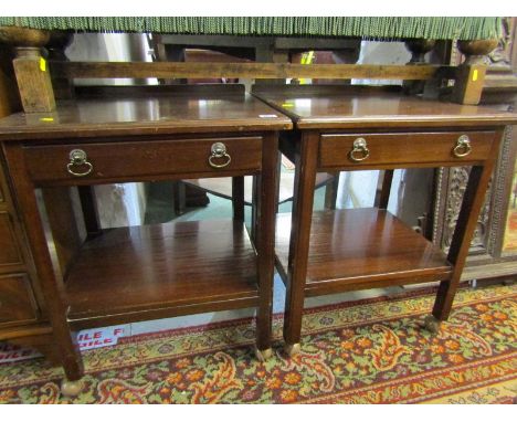 PAIR OF MAHOGANY BEDSIDE TABLES, frieze drawers with open shelf bases, 20" width 