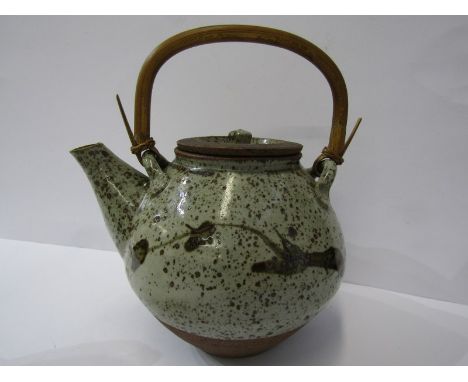 BERNARD LEACH POTTERY, glazed stonware teapot by Kenneth Quick, with cane handle and simple brushwork decoration, 6" height 