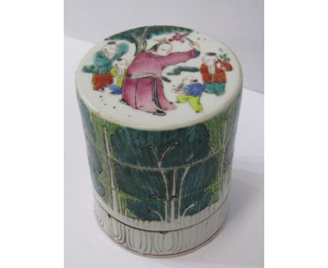 ORIENTAL CERAMICS, Famille Verte 4 tier cylindrical stacking jar decorated with children playing, 4" dia (some rim cracks) 