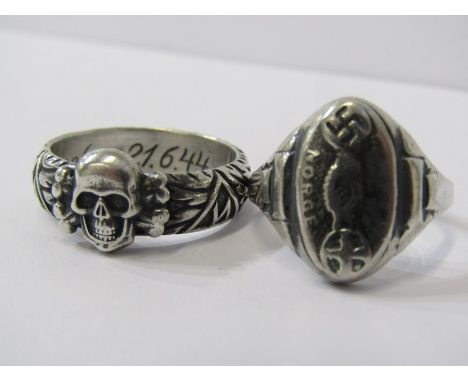 TWO GERMAN MILLITARY STYLE NATZI SILVER RINGS, One with the skull motif 