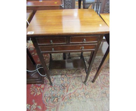 MAHOGANY TRIPLE DRAWER NEEDLEWORK TABLE, open shelf base with tapering square section legs and brass castors, 19" width 