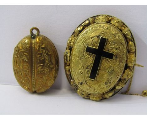 2 YELLOW METAL LOCKETS, 1 floral form with enamel cross and locket back, cross opens to reveal second frame and 1 locket of o