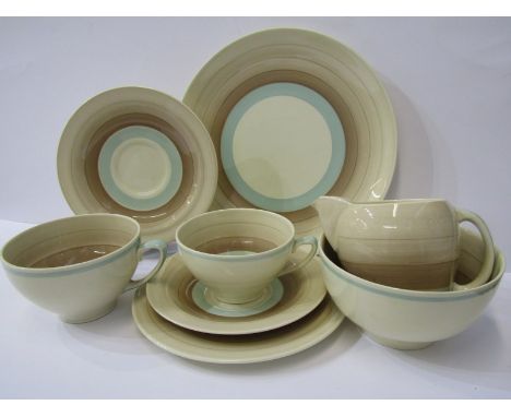 SUSIE COOPER, brown banded tea service of cream jug, sugar bowl, bread plate, 5 small cup trios, 2 large cup trios and additi