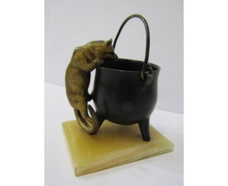 LOUIS CARVIN, early 20th Century bronze study of cat climbing up the side of a pale on an onyx base, signed to bowl L Carvin,
