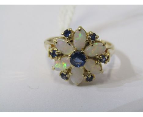 9ct YELLOW GOLD OPAL &amp; SAPPHIRE CLUSTER RING, in the form of a flower, size N 