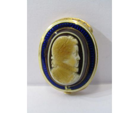 ENAMEL STONE CAMEO, possibly sardonyx, in yellow metal testing high carat gold setting 