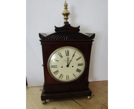19TH CENTURY BRACKET CLOCK, signed "P Forester of Hull", in mahogany case with brass finial, on brass bun feet, 23" high 