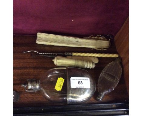 A silver plate and glass hip flask; together with a Victorian double ended scent bottle  AF; a button hook; a pickle fork etc
