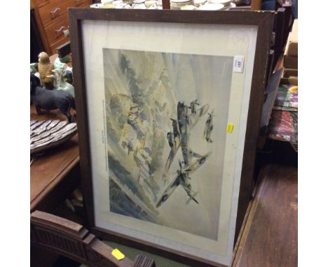 A coloured print depicting "The Battle of Britain Memorial Flight Over Woodbridge School, 1991"