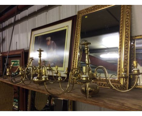 A brass lantern light fitting; together with three brass ceiling lights 