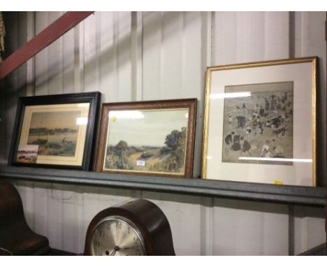 An early 20th Century coloured print depicting figures at the beach; together with an oak framed watercolour landscape study 