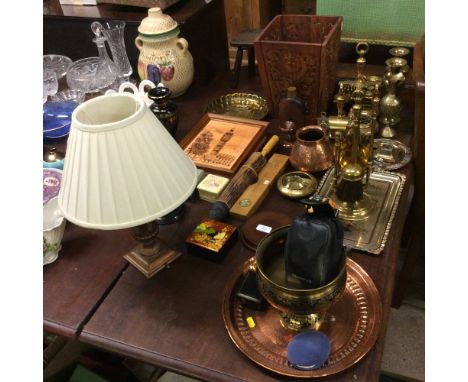 A large quantity of various metal and wooden ware to  include vases, a hip flask, companion set, trays etc. 