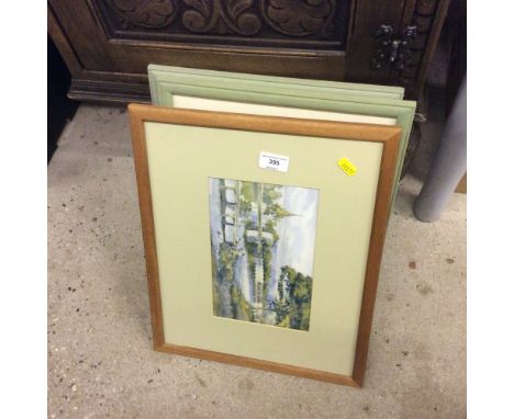 A framed set of cigarette cards; a pair of Art Deco style prints; two botanical studies; and a landscape print 