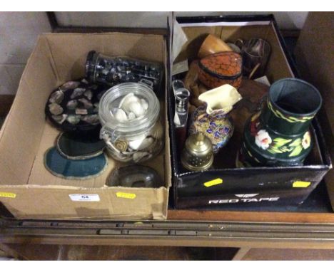 Two boxes of various shells, sundries, vases, a hip flask, etc.