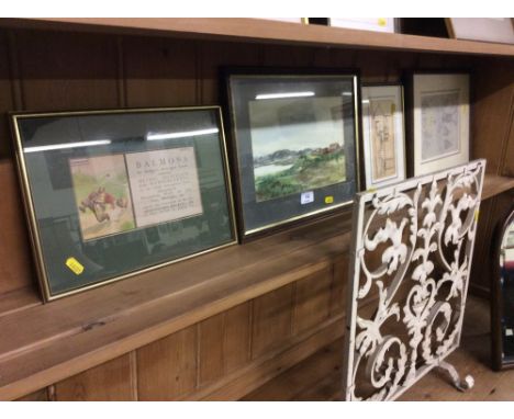Seven various pictures to include a coloured engraving of Orford Castle, a watercolour landscape study, a humorous golfing pr