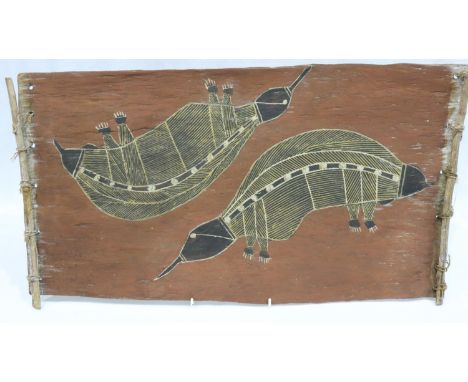 Australian Aboriginal painting of aardvarks on bark by Bruce Nabago from the Gunwinggu tribe, 62 x 35 cm. UK P&amp;P Group 2 