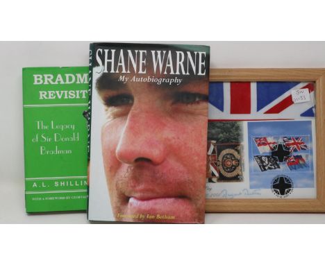 Signed edition of The Legacy of Sir Donald Bradman and Shane Warne Autobiography, together with a signed photograph of soldie