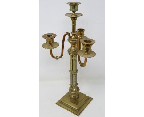 Brass four sconce candelabra on a square base, lacking one insert, H: 40 cm. UK P&amp;P Group 3 (£30+VAT for the first lot an