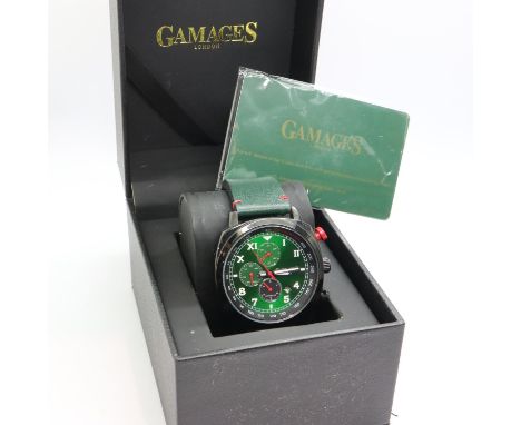 GAMAGES: gents limited edition automatic wristwatch with green dial, three subsidiary dials and date aperture on a green rubb