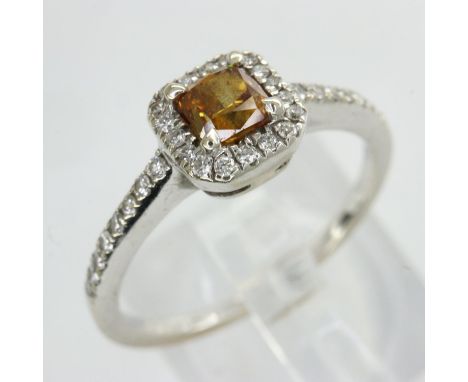 White gold diamond ring set with princess cut yellow diamond and diamond shoulders, size K, 2.2g. UK P&amp;P Group 1 (£16+VAT