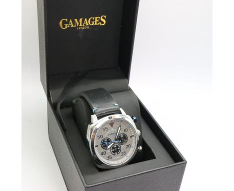 GAMAGES: gents limited edition automatic wristwatch with date aperture and three subsidiary dials on a black leather strap, b