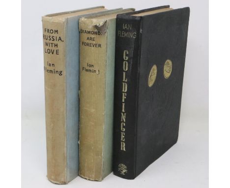 Three Ian Fleming James Bond novels: From Russia, with Love, Diamonds are Forever and a 1959 first edition of Goldfinger publ