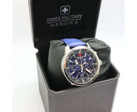 SWISS MILITARY HANOWA: sapphire gents chronograph wristwatch with blue dial and three subsidiary dials on a blue leather stra